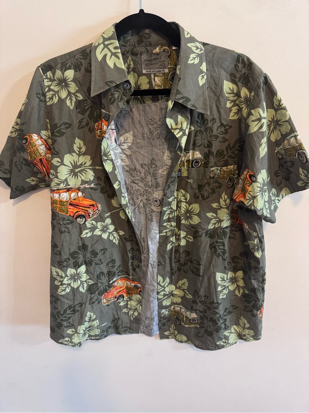 Pineapple Connection Casual Olive Floral & Orange Car Print Camp Shirt